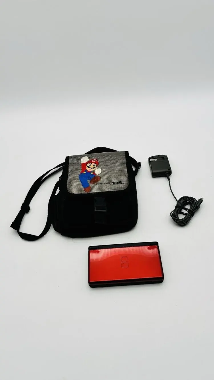 Nintendo DS Lite Crimson Red Black Console USG-001 Bundle w/ Charger And Case